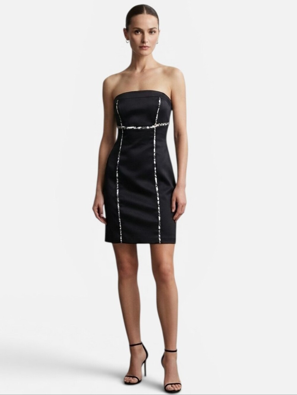 White House Black Market Black Floral Trim Strapless Cocktail Sheath Dress Sz.4 - Picture 1 of 12